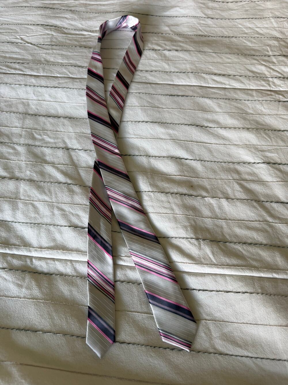 Striped Silk Tie With Gray Base and Vibrant Pink Magenta And Dark Stripes